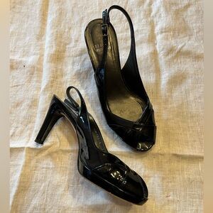 Stuart Weitzman Black Patent Leather Peep Toe Crisscross Slingback Heels